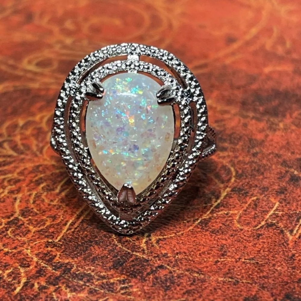 14K White Gold Pear Cabochon 5CT Fire Opal Double Halo Diamond Eternity Ring